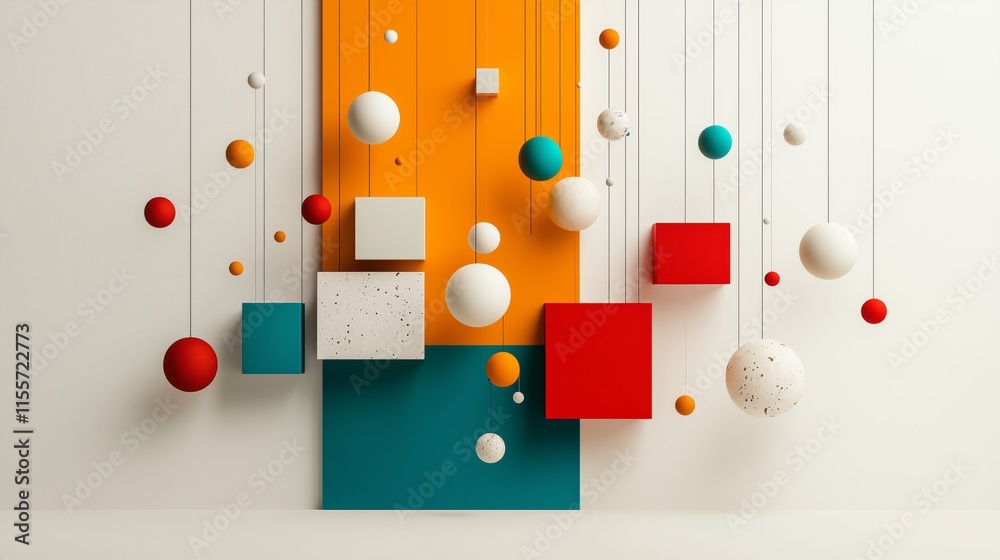 Colorful Geometric Shapes with Suspended Elements on White Background Colorful Geometric Shapes with Suspended Elements on White Background