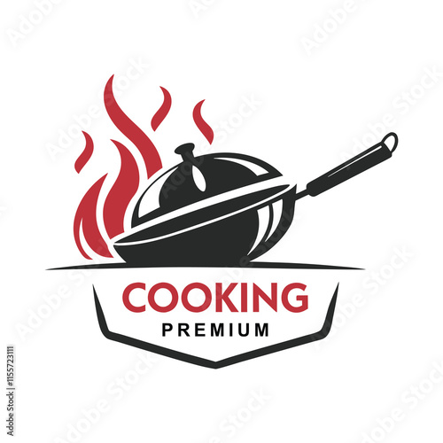 Premium Cooking Logo with Wok and Flames