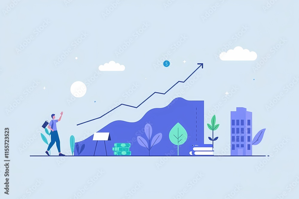 Obraz premium Business Growth and Success: A stylized illustration depicts a woman walking alongside an upward trending graph, symbolizing growth, progress, and achievement in business.