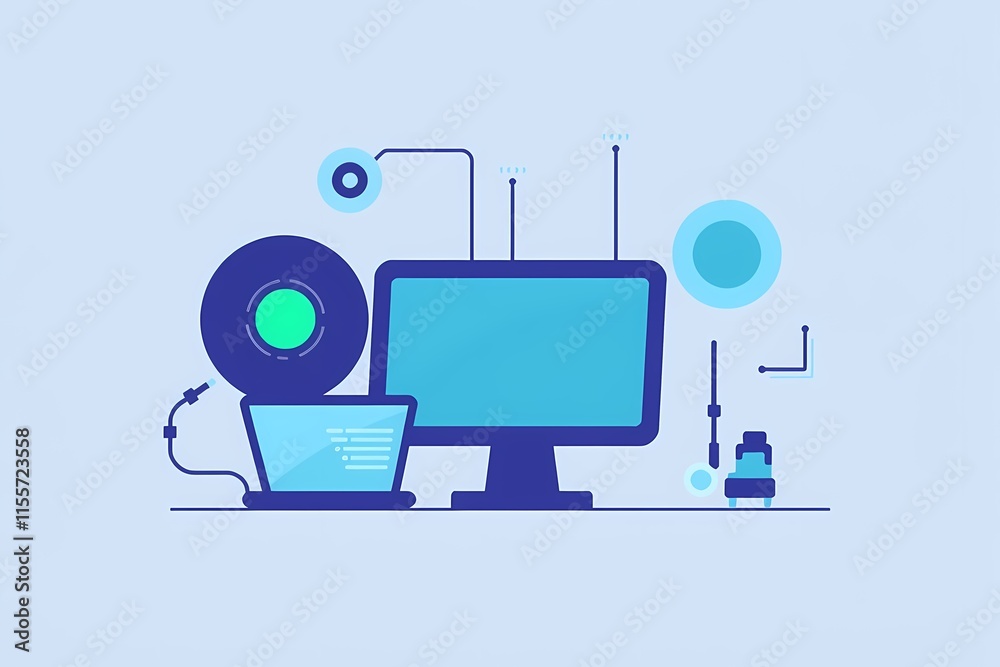 Modern Technology: A minimalist illustration depicting a laptop, monitor, and other tech components, symbolizing the interconnectedness of the digital world. Modern Technology: A minimalist illustration depicting a laptop, monitor, and other tech components, symbolizing the interconnectedness of the digital world.