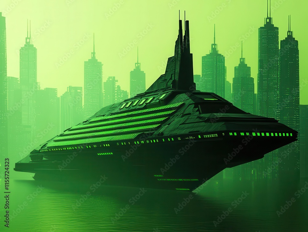 Naklejka premium A futuristic digital rendering of a green ship equipped with solar sails, symbolizing sustainability in maritime design