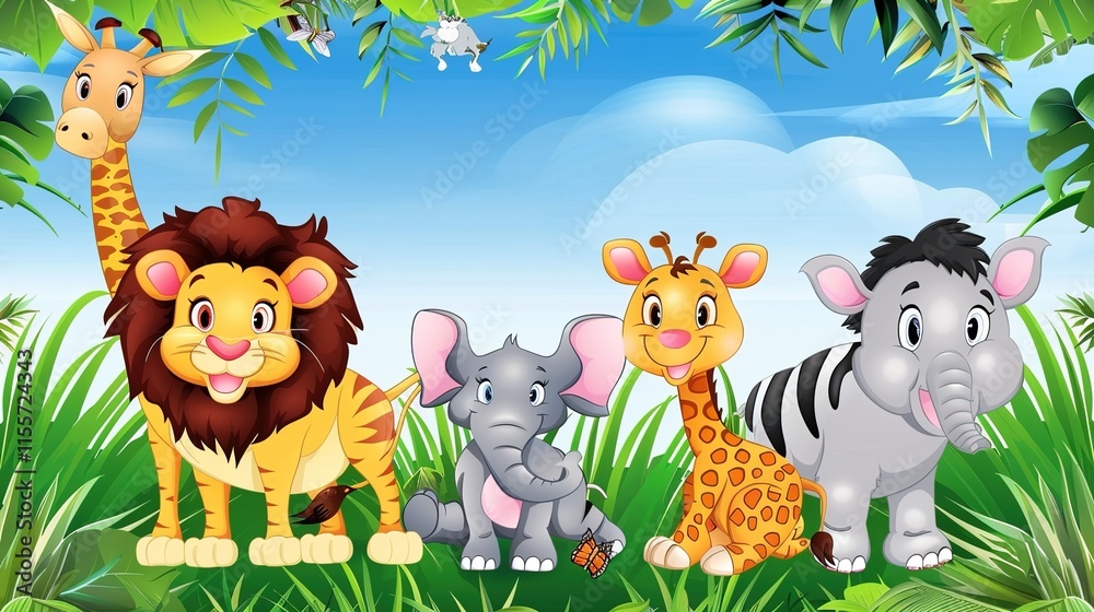 Fototapeta premium Adorable and Whimsical World of Cute Cartoon Safari Zoo: Unveiling the Enchanting Beauty of Watercolor Style with Animal Frame Border. Explore Keywords like Charming, Playful, Jungle Creatures, Exotic