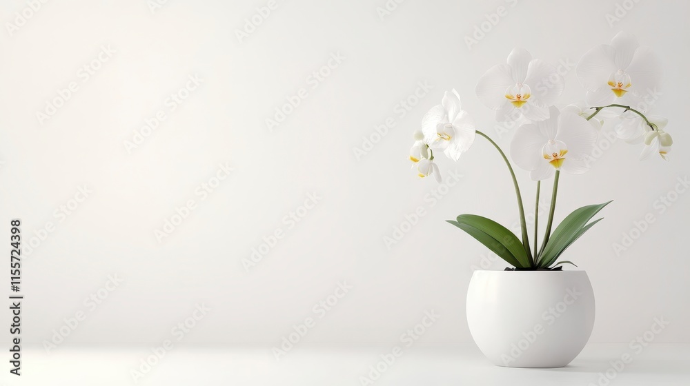 White orchids in a minimalist white pot against a white background. White orchids in a minimalist white pot against a white background.
