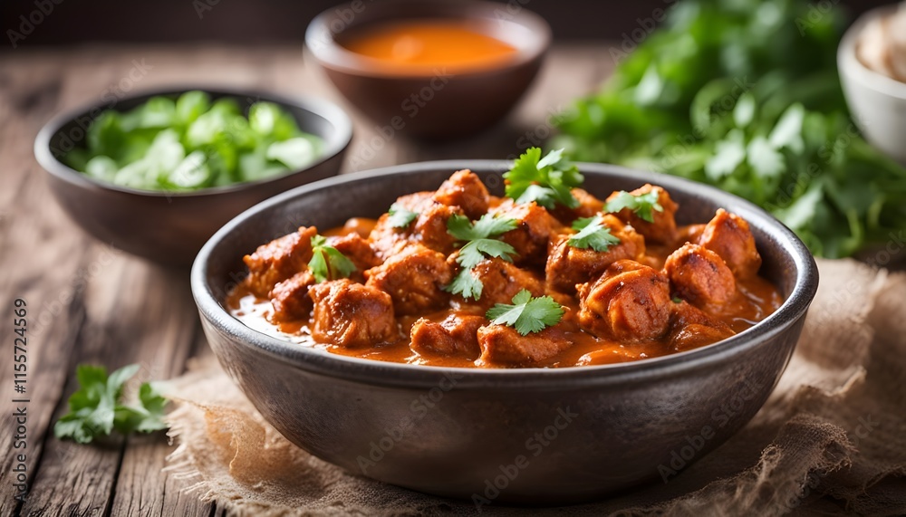 Chicken tikka masala in bowl on wooden table
Chicken tikka masala in bowl on wooden table