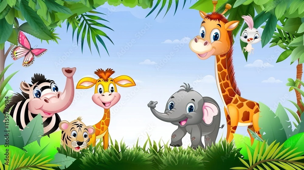 Fototapeta premium Adorable and Whimsical World of Cute Cartoon Safari Zoo: Unveiling the Enchanting Beauty of Watercolor Style with Animal Frame Border. Explore Keywords like Charming, Playful, Jungle Creatures, Exotic