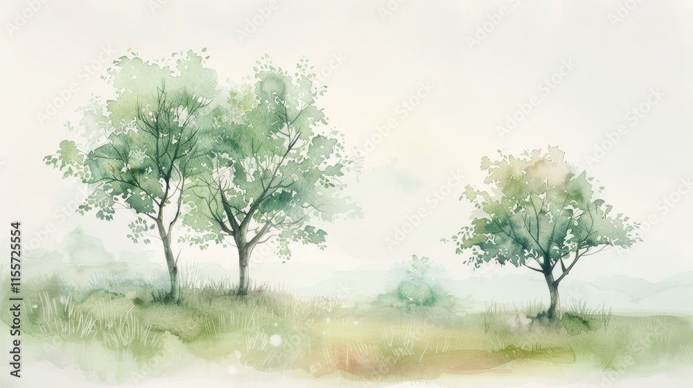 Fototapeta premium Forgotten orchard with overgrown trees, soft and earthy tones, watercolor nostalgia