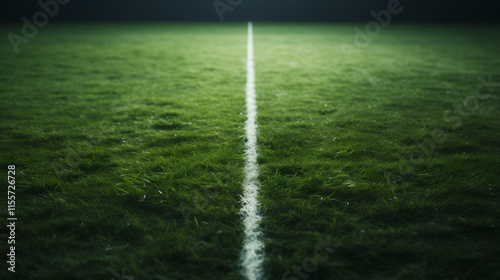 Corner of a soccer field with lush green grass and a white line in soft light