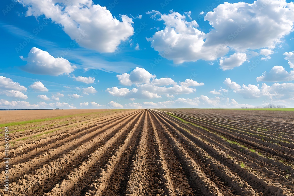 Cultivated field with trees and blue sky with white clouds. Cultivated field with trees and blue sky with white clouds.