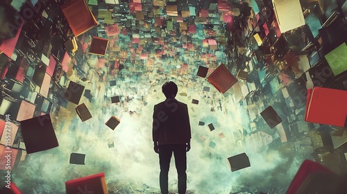 Surreal Dreamscape: A Man Contemplates a Universe of Books