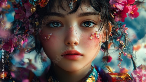 Closeup Portrait of a Girl with Flowers in her Hair photo