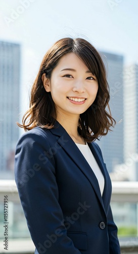 Elegant Japanese Businesswoman with Long Brown Hair in Urban Skyline: Confidence and Sophistication