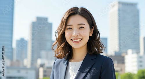 Free Download Elegant Japanese Businesswoman with Long Brown Hair in Urban Skyline: Confidence and Sophistication - GFXLoad