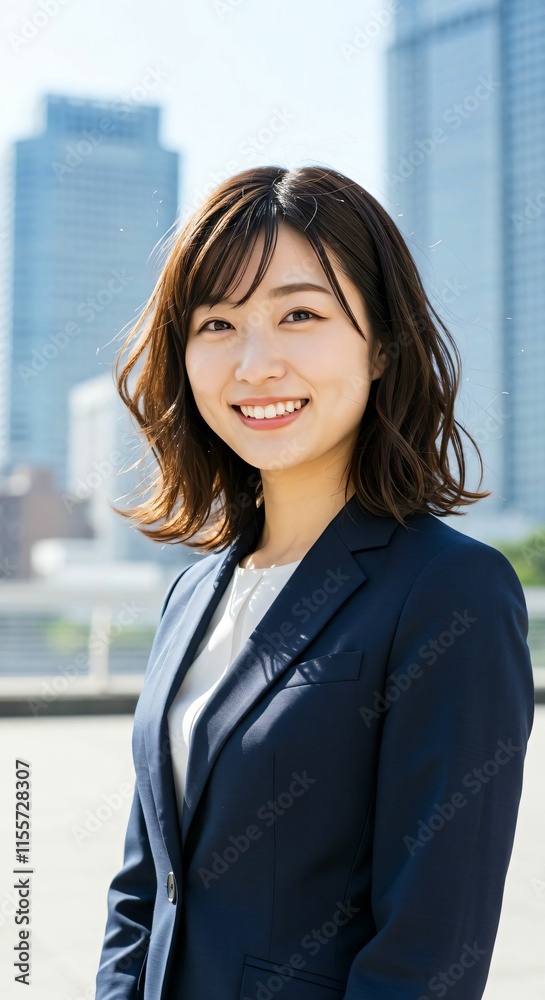 Elegant Japanese Businesswoman with Long Brown Hair in Urban Skyline: Confidence and Sophistication Elegant Japanese Businesswoman with Long Brown Hair in Urban Skyline: Confidence and Sophistication