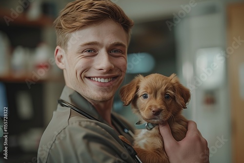 A young man smiles while holding an adorable puppy in his arms, showcasing joy and companionship. photo