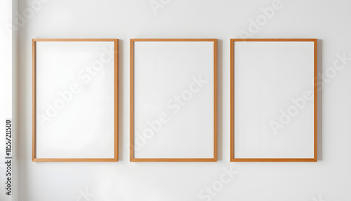 Set of three large 50x70, 20x28, a3,a4, Wooden frame mockup on white wall. Poster mockup. Clean, modern, minimal frame. Empty fra.me Indoor interior, show text or product, enhance. isolated with whi