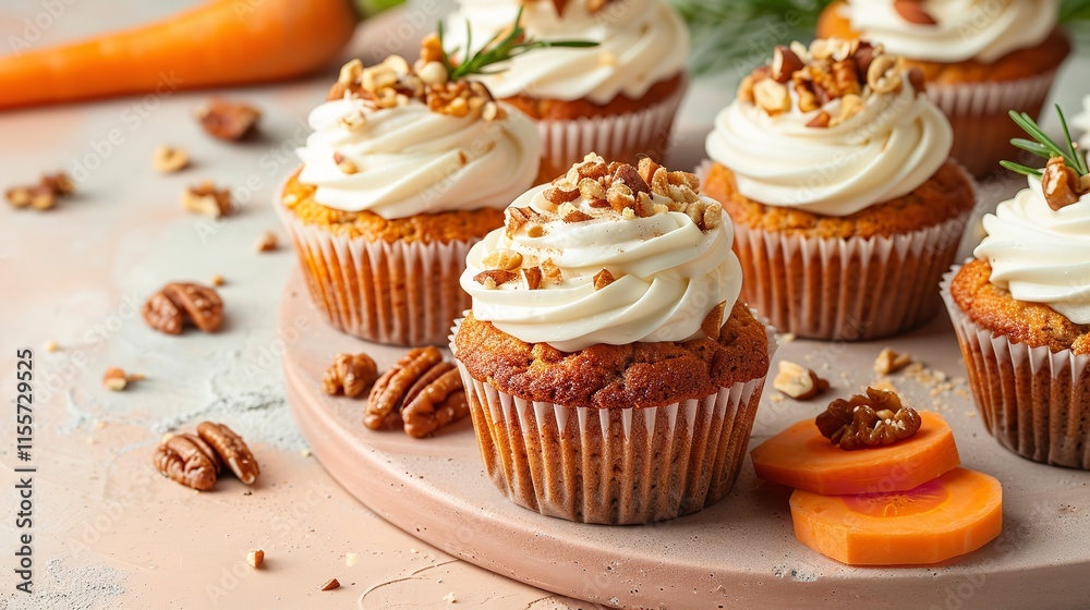 An up-close view of vegan carrot muffins with cream almonds and carrot slices set against a pale orange background with a large writing area, Generative AI. An up-close view of vegan carrot muffins with cream almonds and carrot slices set against a pale orange background with a large writing area, Generative AI.