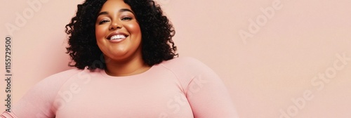 Elegant plus-size woman in cozy activewear enjoys a moment of joy. Generative AI photo