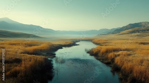 Serene River Landscape: Misty Mountains and Golden Fields photo