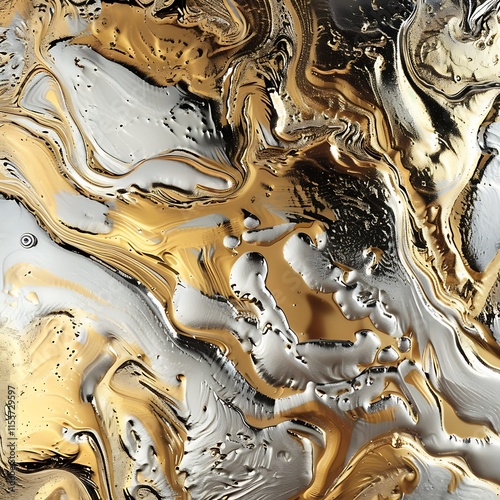 Abstract swirling textures of gold, silver, and black. A fluid, dynamic interplay of metallic and dark tones creating an artistic pattern. Fictional.

 photo