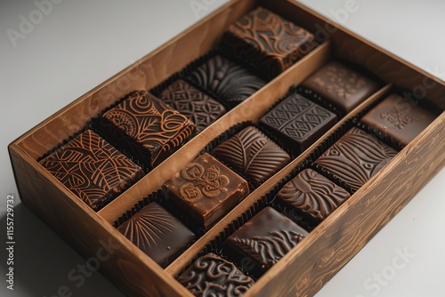 An assortment of beautifully crafted chocolate squares in a wooden box, ideal for gourmet treats and gifts. photo