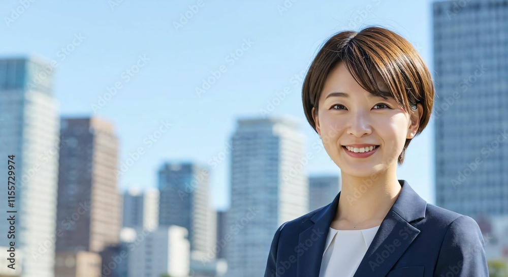 Confident Short-Haired Japanese Businesswoman in Modern City: Embracing Elegance and Determination Confident Short-Haired Japanese Businesswoman in Modern City: Embracing Elegance and Determination