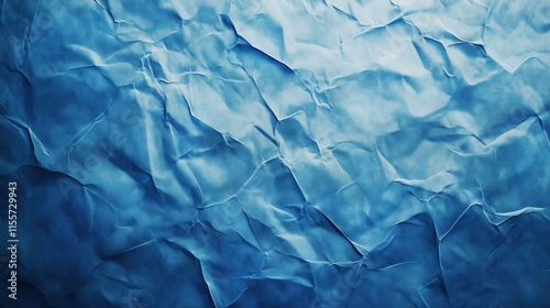 top view on light blue color crumpled paper, texture background  