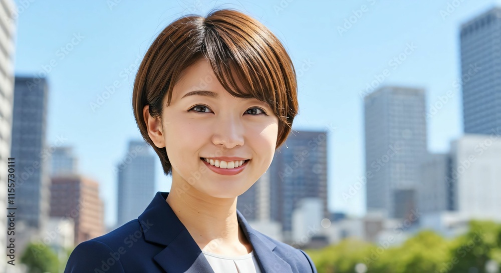 Confident Short-Haired Japanese Businesswoman in Modern City: Embracing Elegance and Determination Confident Short-Haired Japanese Businesswoman in Modern City: Embracing Elegance and Determination