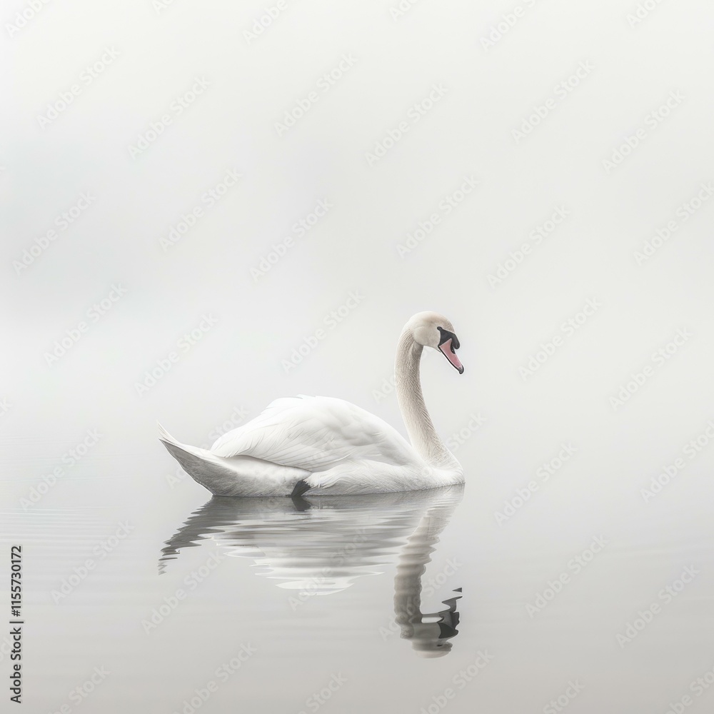 Majestic white swan swims on a misty lake, creating a serene and peaceful atmosphere Majestic white swan swims on a misty lake, creating a serene and peaceful atmosphere
