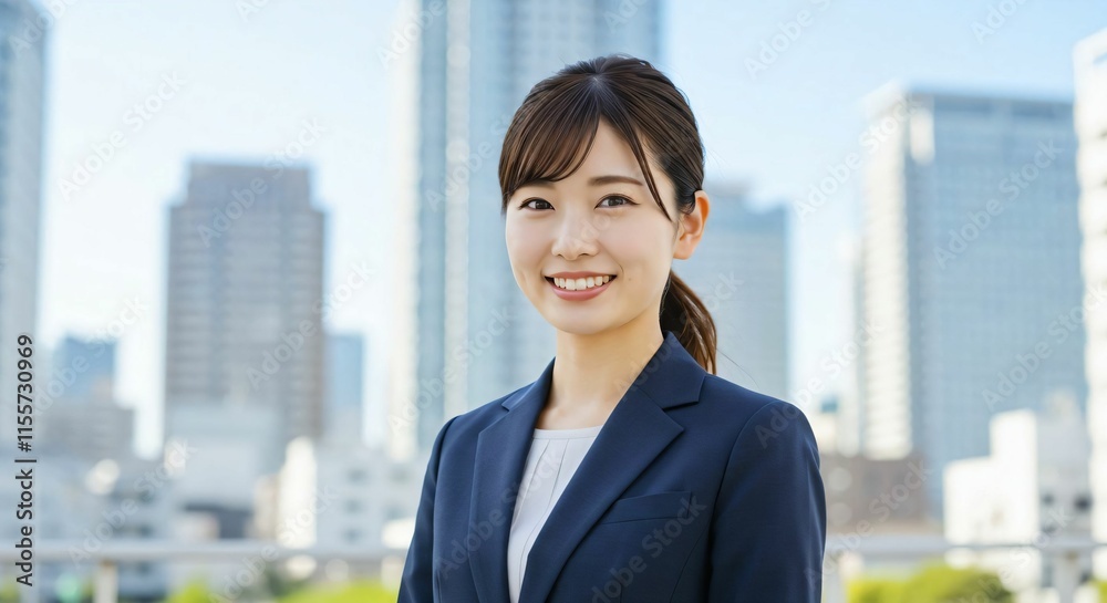 Confident Japanese Businesswoman with Ponytail in Urban Cityscape: Embracing Professionalism and Ambition Confident Japanese Businesswoman with Ponytail in Urban Cityscape: Embracing Professionalism and Ambition