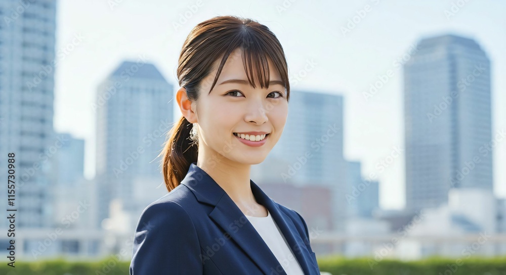 Confident Japanese Businesswoman with Ponytail in Urban Cityscape: Embracing Professionalism and Ambition Confident Japanese Businesswoman with Ponytail in Urban Cityscape: Embracing Professionalism and Ambition