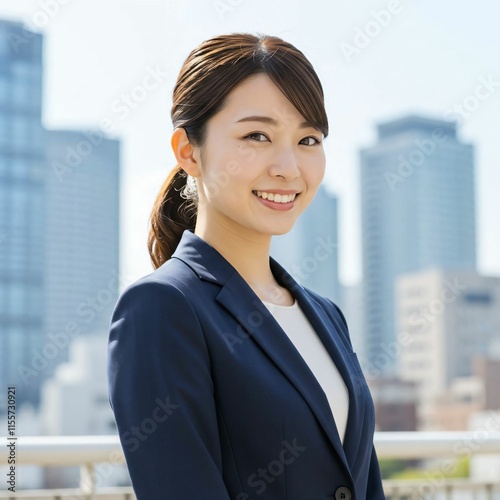 Free Download Confident Japanese Businesswoman with Ponytail in Urban Cityscape: Embracing Professionalism and Ambition - GFXLoad