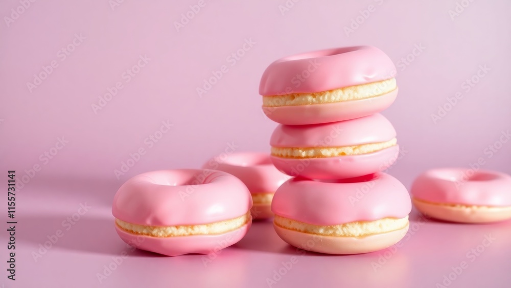 Fototapeta premium Pink donuts forming a stack on pink background