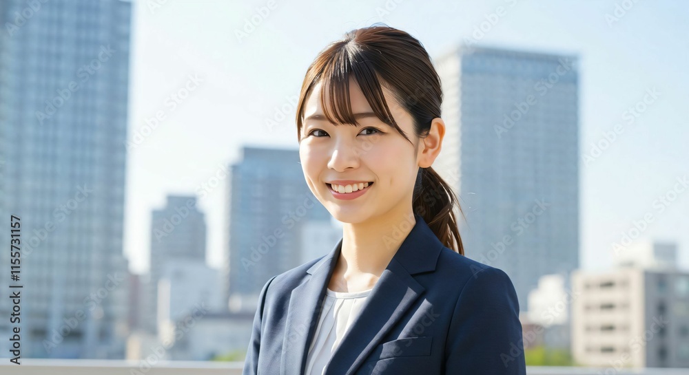 Confident Japanese Businesswoman with Ponytail in Urban Cityscape: Embracing Professionalism and Ambition Confident Japanese Businesswoman with Ponytail in Urban Cityscape: Embracing Professionalism and Ambition