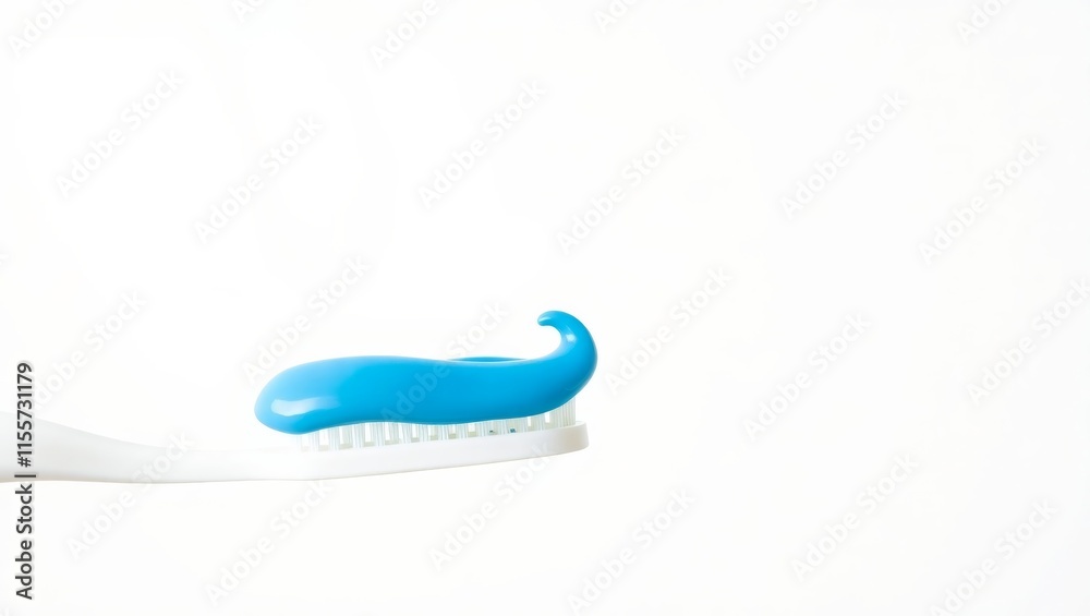 White toothbrush with blue toothpaste on white background White toothbrush with blue toothpaste on white background