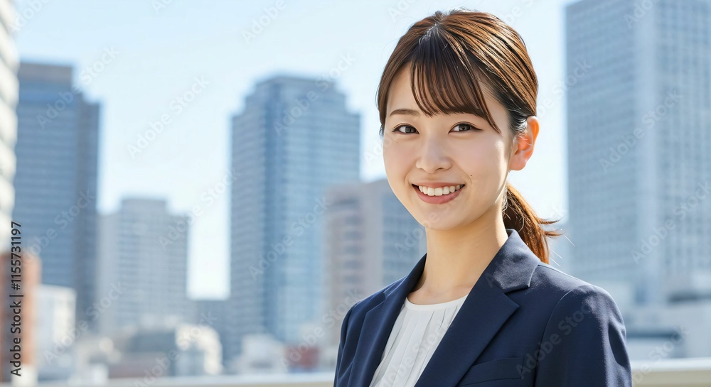 Confident Japanese Businesswoman with Ponytail in Urban Cityscape: Embracing Professionalism and Ambition Confident Japanese Businesswoman with Ponytail in Urban Cityscape: Embracing Professionalism and Ambition