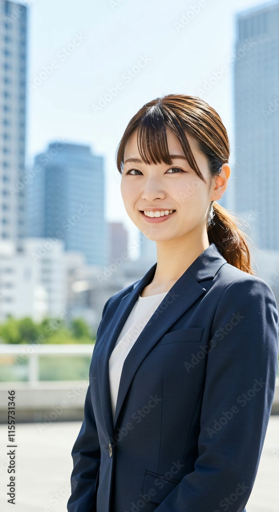 Confident Japanese Businesswoman with Ponytail in Urban Cityscape: Embracing Professionalism and Ambition Confident Japanese Businesswoman with Ponytail in Urban Cityscape: Embracing Professionalism and Ambition