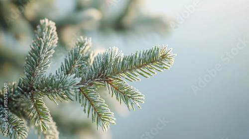 Pine cones on a Christmas tree and a wooden house, Christmas Background with beautiful green pine tree brunch close up. Realistic Christmas pine tree branch frame