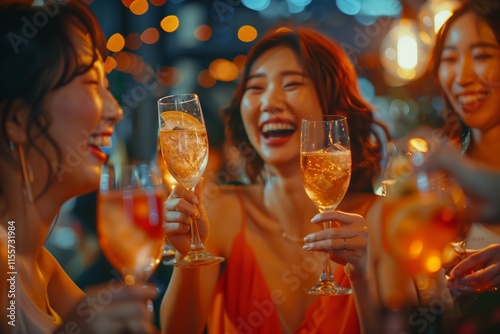 Celebrating friendship with laughter and drinks, capturing joyful moments among women in a lively atmosphere.