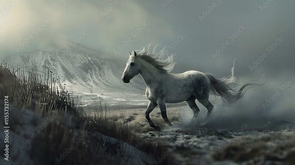 Majestic White Horse Running in a Misty Winter Landscape Majestic White Horse Running in a Misty Winter Landscape