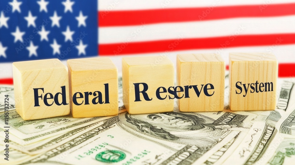 The Federal Reserve of The United States of America central bank. Word FED on Flag of the United States of America background The Federal Reserve of The United States of America central bank. Word FED on Flag of the United States of America background