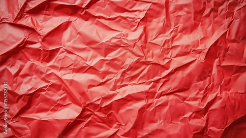 top view on red color crumpled paper, texture background  