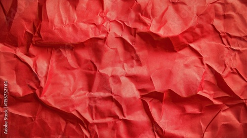 top view on red color crumpled paper, texture background  