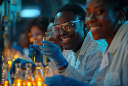 Cheerful scientists conducting experiments in a laboratory, showcasing teamwork and innovation in research. photo