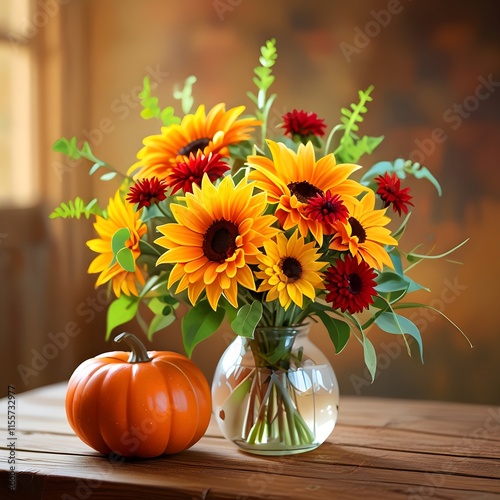 Wallpaper Mural Autumn Bouquet Featuring Sunflowers and Chrysanthemums in Pumpkin-Shaped Vase Torontodigital.ca