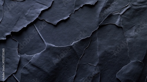 top view on black color crumpled paper, texture background  