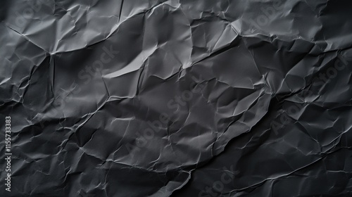 top view on black color crumpled paper, texture background  