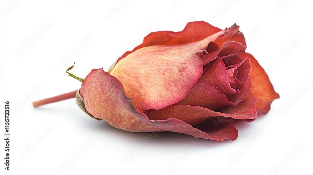 Fototapeta premium Dried rose on white background showcasing vibrant petals and delicate details of nature's beauty