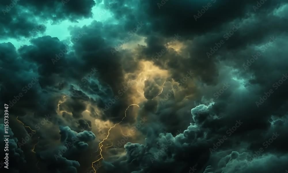 Golden Lightning Bolts Crackling Through Dark, Turbulent Storm Clouds Golden Lightning Bolts Crackling Through Dark, Turbulent Storm Clouds