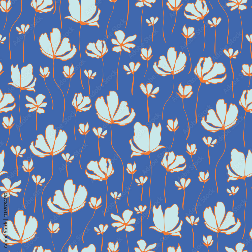 Hand drawn blooms seamless repeat pattern on blue background. Vector, botany floral aop, all over print. Hand drawn blooms seamless repeat pattern on blue background. Vector, botany floral aop, all over print.