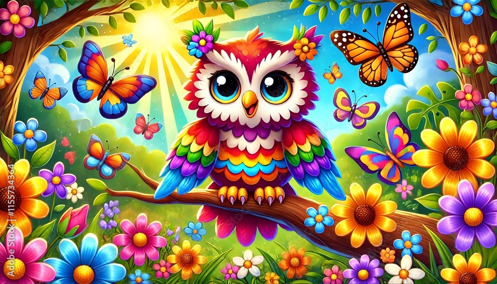 Cartoon of a colorful owl in a flower garden Cartoon of a colorful owl in a flower garden